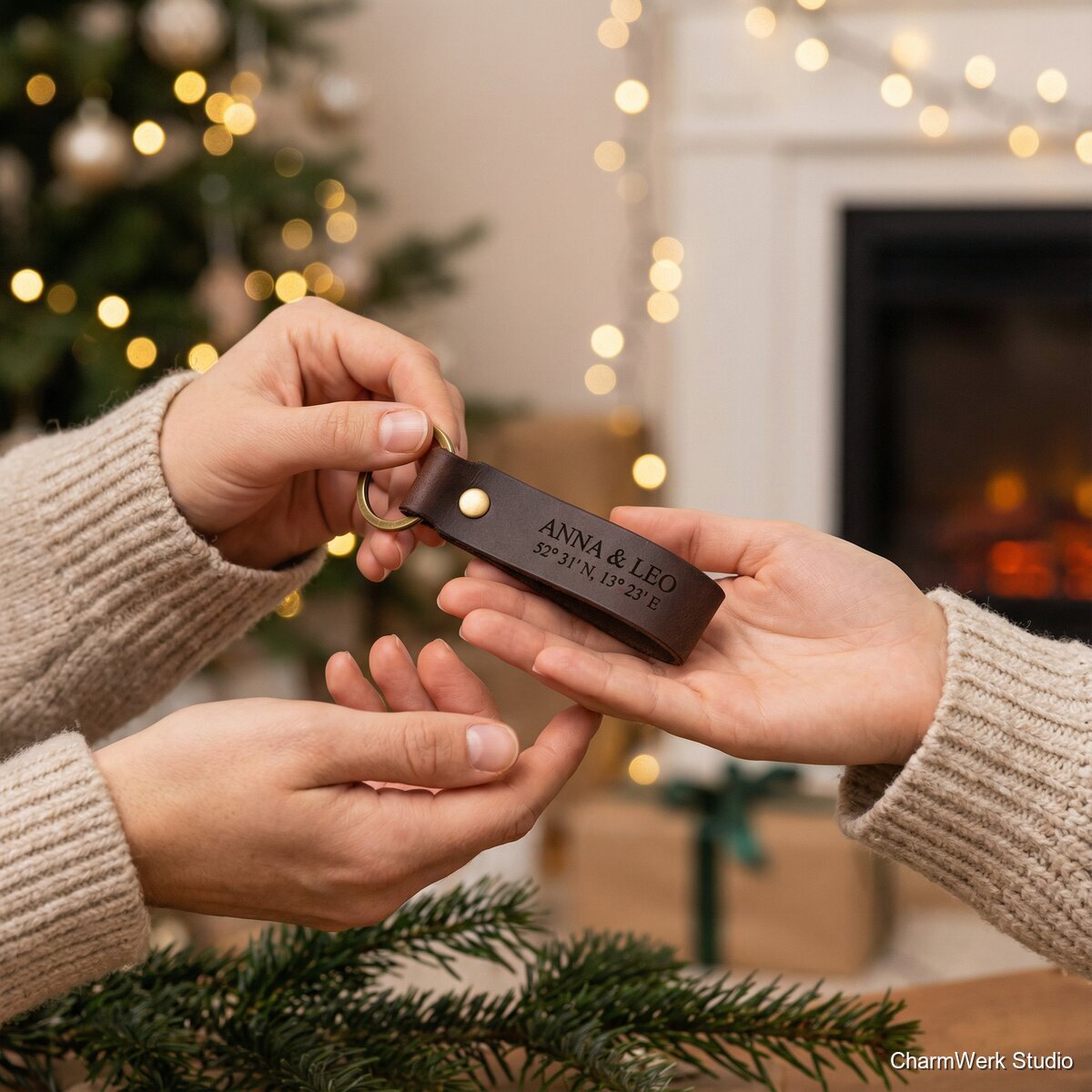 Weihnachts-Schlüsselanhänger aus Leder mit Koordinaten - Lifestyle