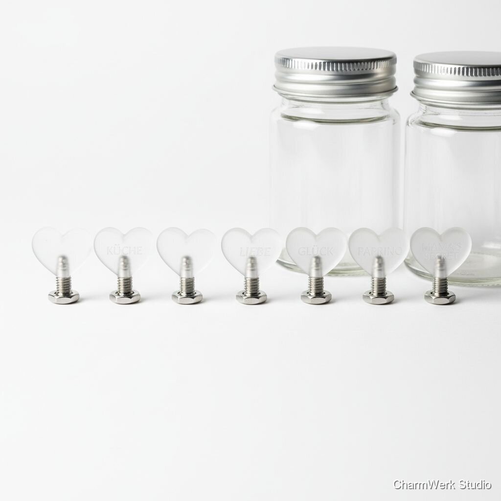 Gewürzglas-Deckelgriffe als kleine Herzen mit Text