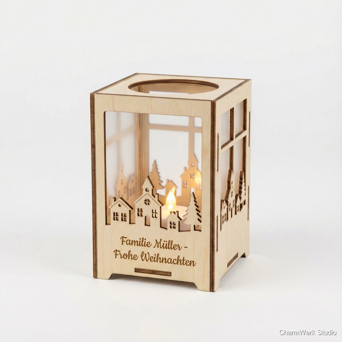 Weihnachts-Teelichtlaterne mit Winterdorf-Silhouette
