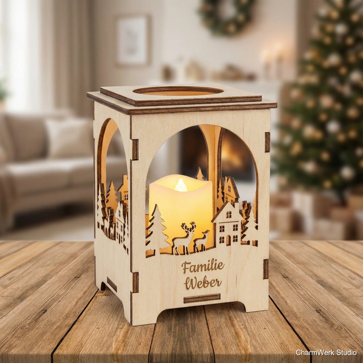 Weihnachts-Teelichtlaterne mit Winterdorf-Silhouette - Detailansicht