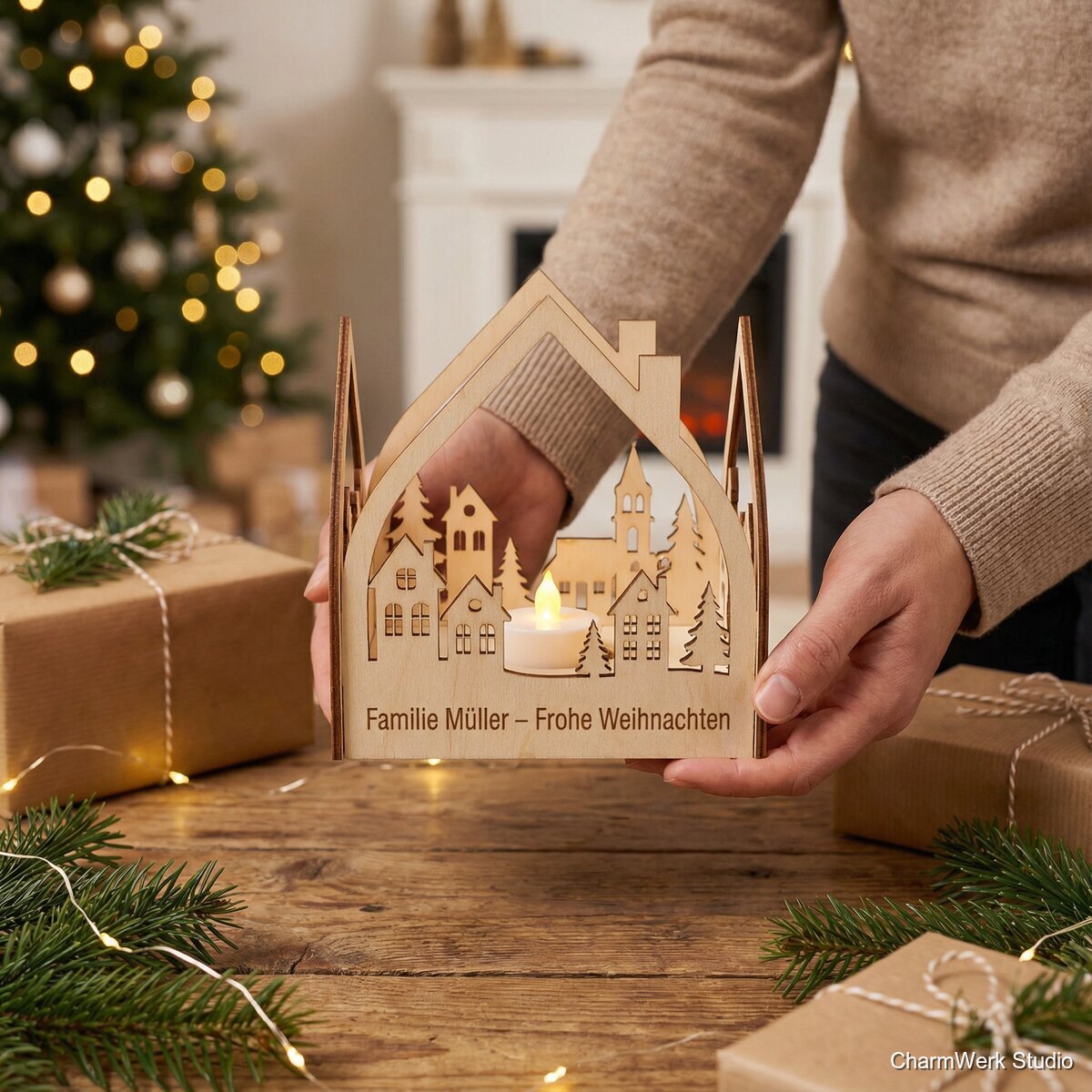 Weihnachts-Teelichtlaterne mit Winterdorf-Silhouette - Lifestyle