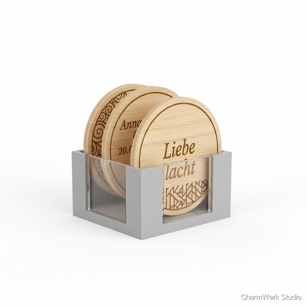 Küchen-Set: Gravierte Holz-Untersetzer mit 3D-Halter