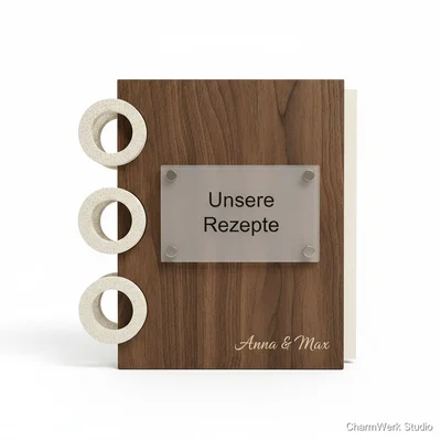 „Paar-Rezeptbuch“-Cover aus Holz mit Acryl-Titelplatte