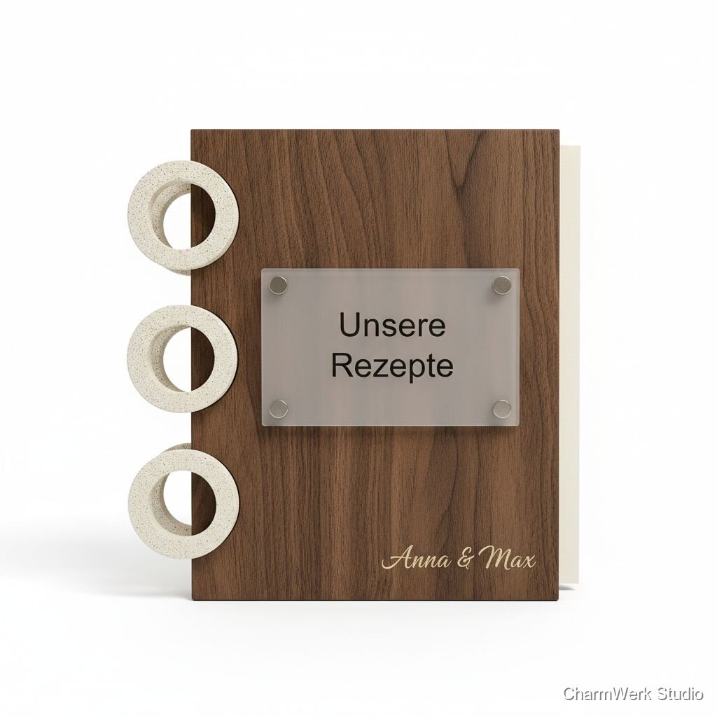 „Paar-Rezeptbuch“-Cover aus Holz mit Acryl-Titelplatte