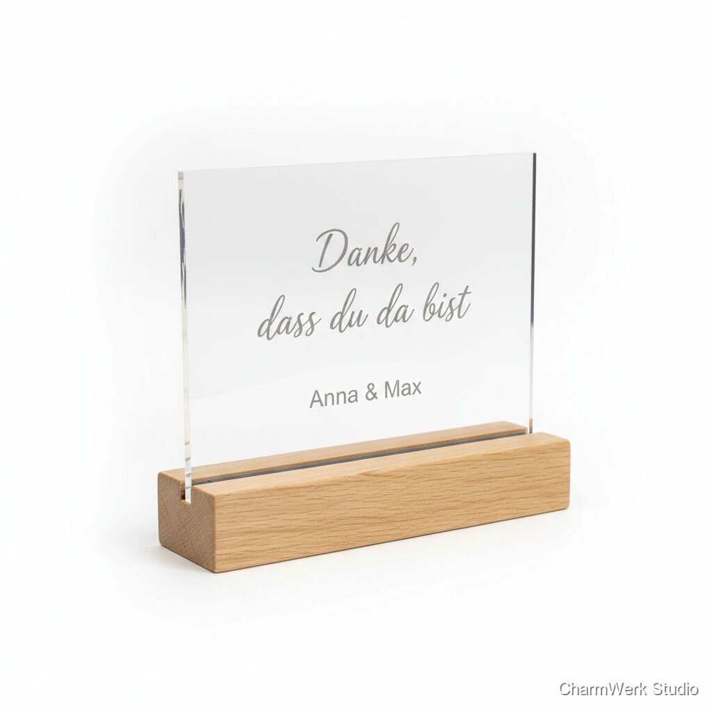 Acryl-Tischaufsteller „Danke, dass du da bist“ mit Holzfuß