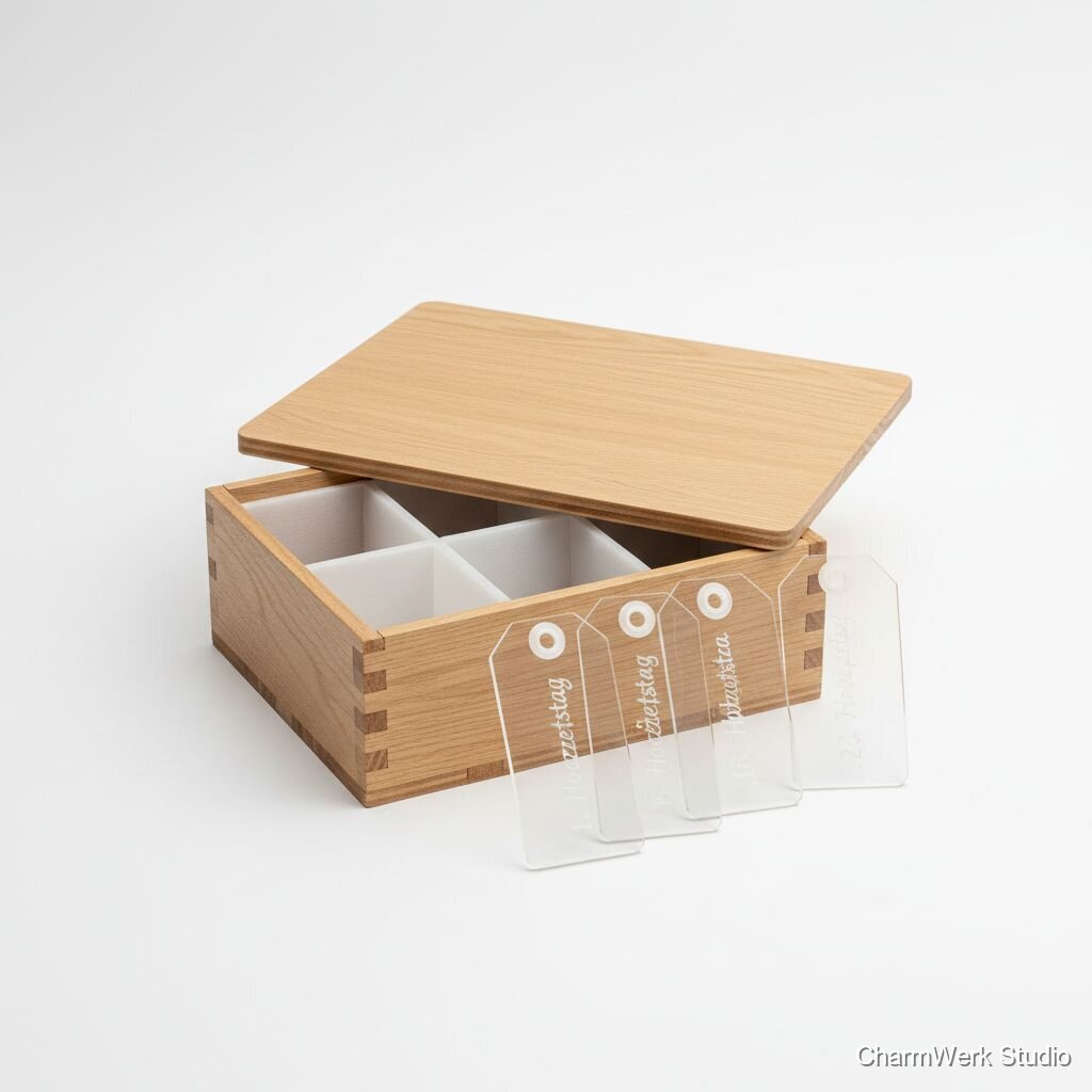 Flaschenetikett-Set aus Acryl mit Holzbox für Jahrgänge