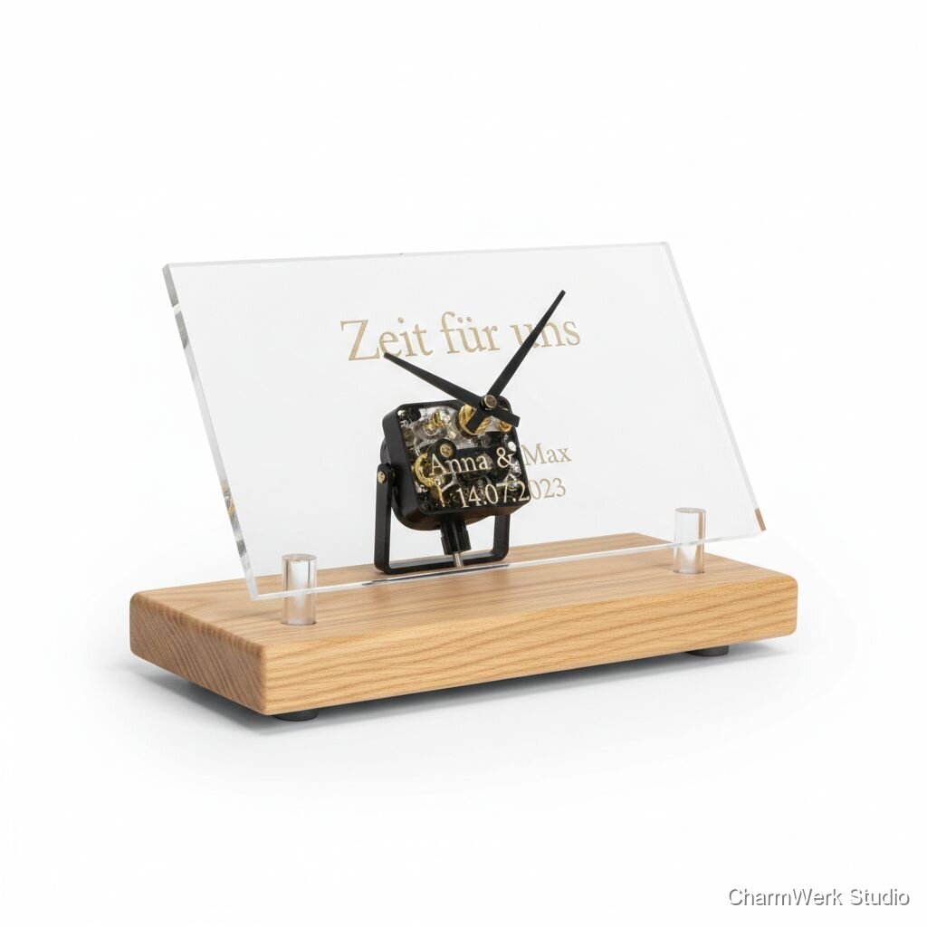 Tischuhr „Zeit für uns“ mit Holzgehäuse und Acryl-Zifferblatt