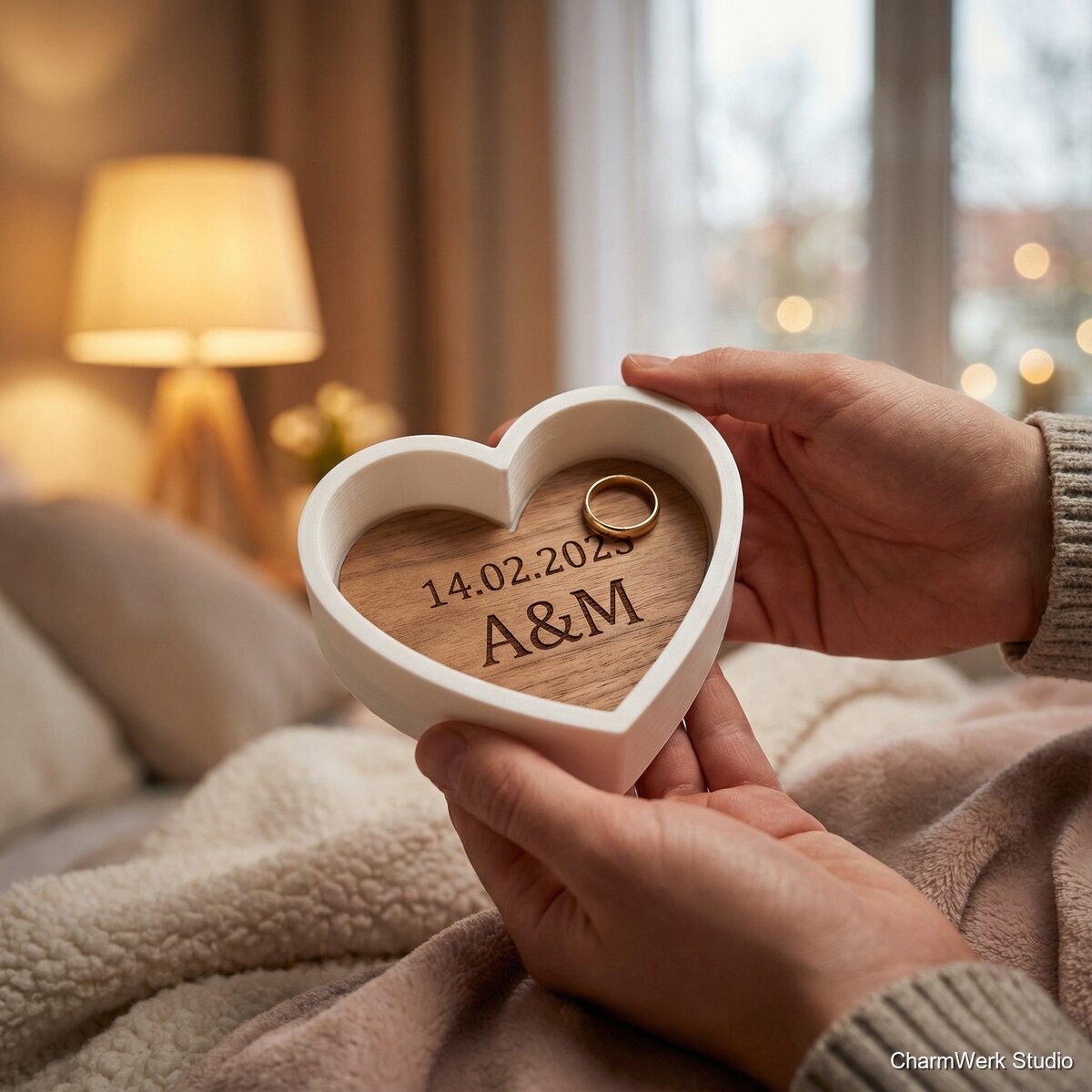 3D-gedruckter Ringhalter in Herzform mit Gravurplakette - Lifestyle