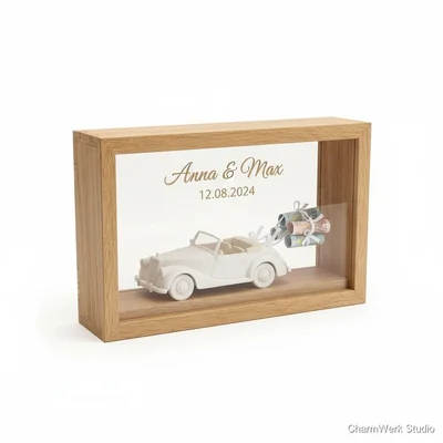 Geldgeschenk „Mini-Hochzeitsauto“ als 3D-Display im Holzrahmen
