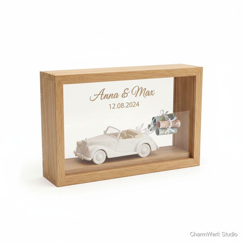 Geldgeschenk „Mini-Hochzeitsauto“ als 3D-Display im Holzrahmen