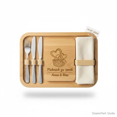 „Picknick zu zweit“ Schneidebrett mit 3D-Besteckclips