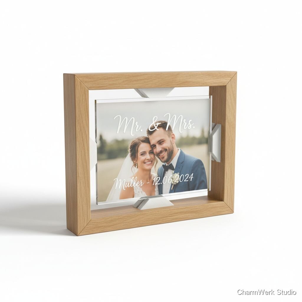 Acryl-Fotostand „Mr & Mrs“ mit Holzrahmen und 3D-Abstand