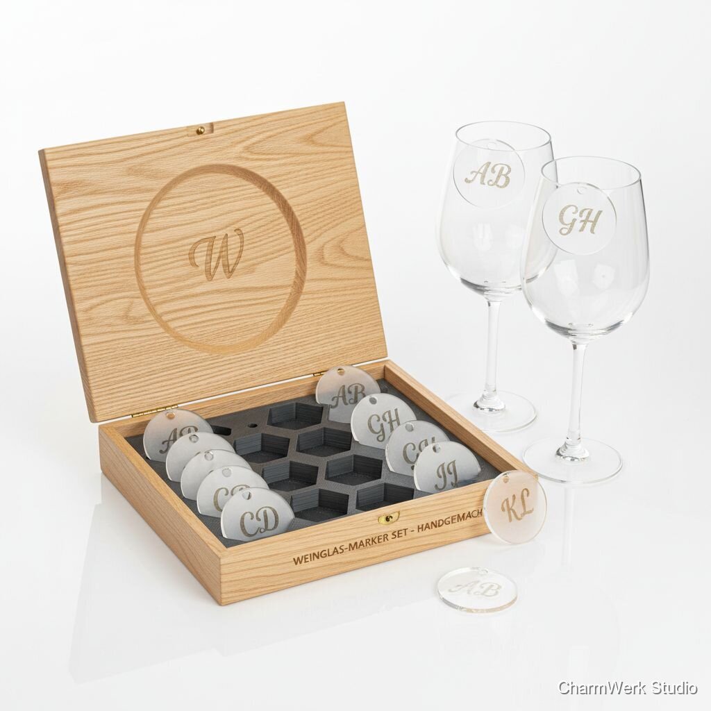 Weinglas-Marker-Set mit Acryl-Monogrammen und Holzbox