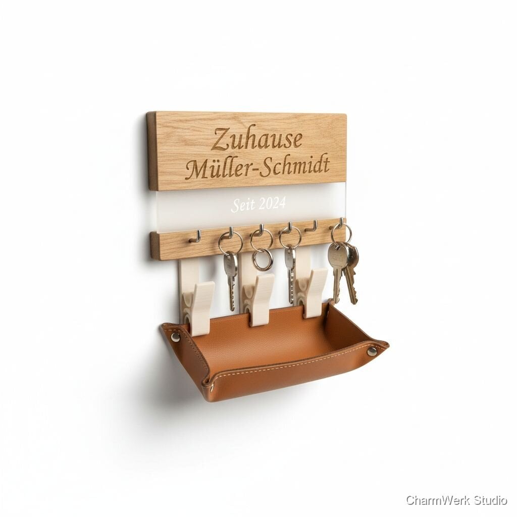 „Zuhause“-Schlüsselablage mit Leder-Schale und Acryl-Namensband