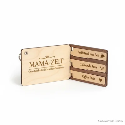 Lasergravierte „Mama-Zeit“ Gutscheinkarte aus Holz