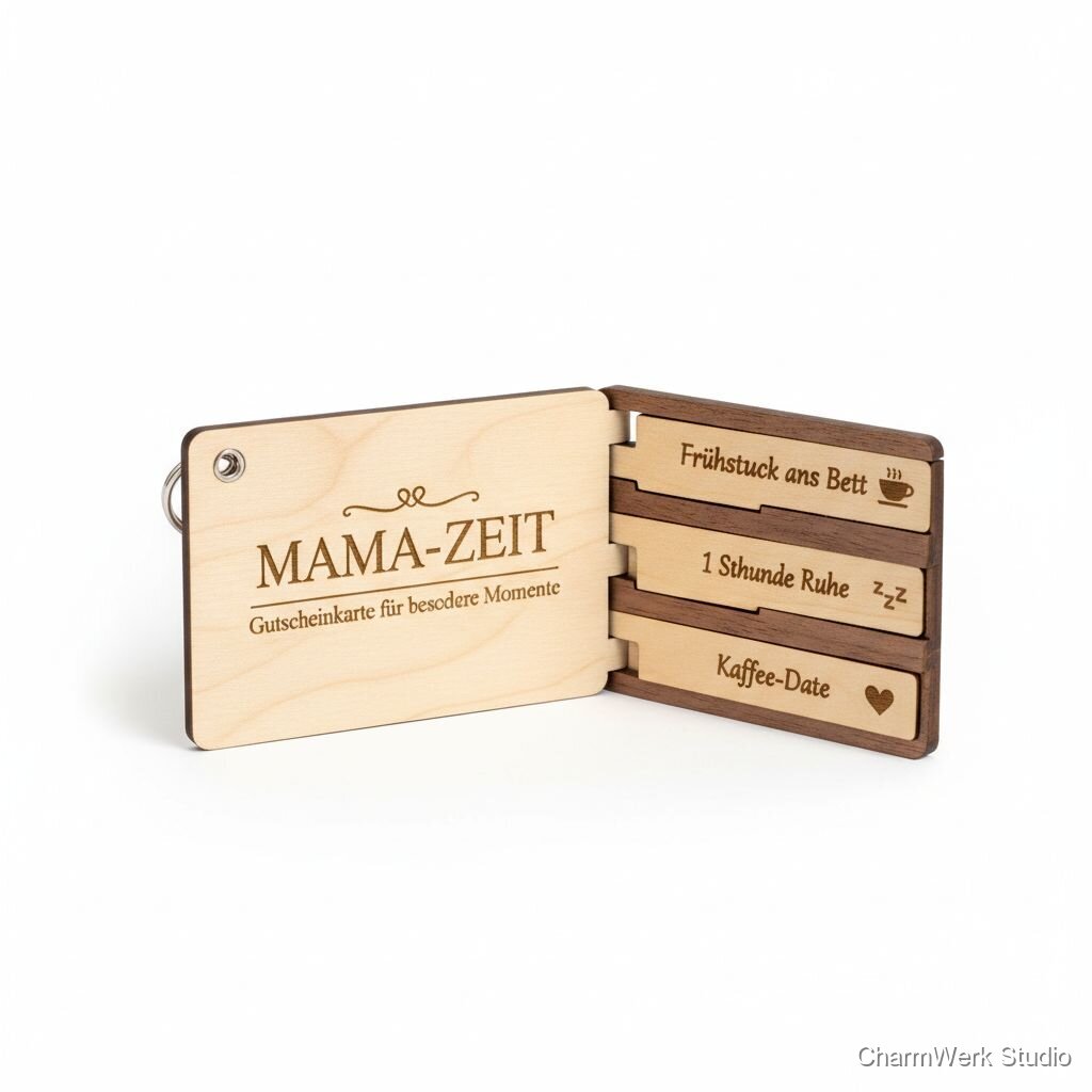 Lasergravierte „Mama-Zeit“ Gutscheinkarte aus Holz