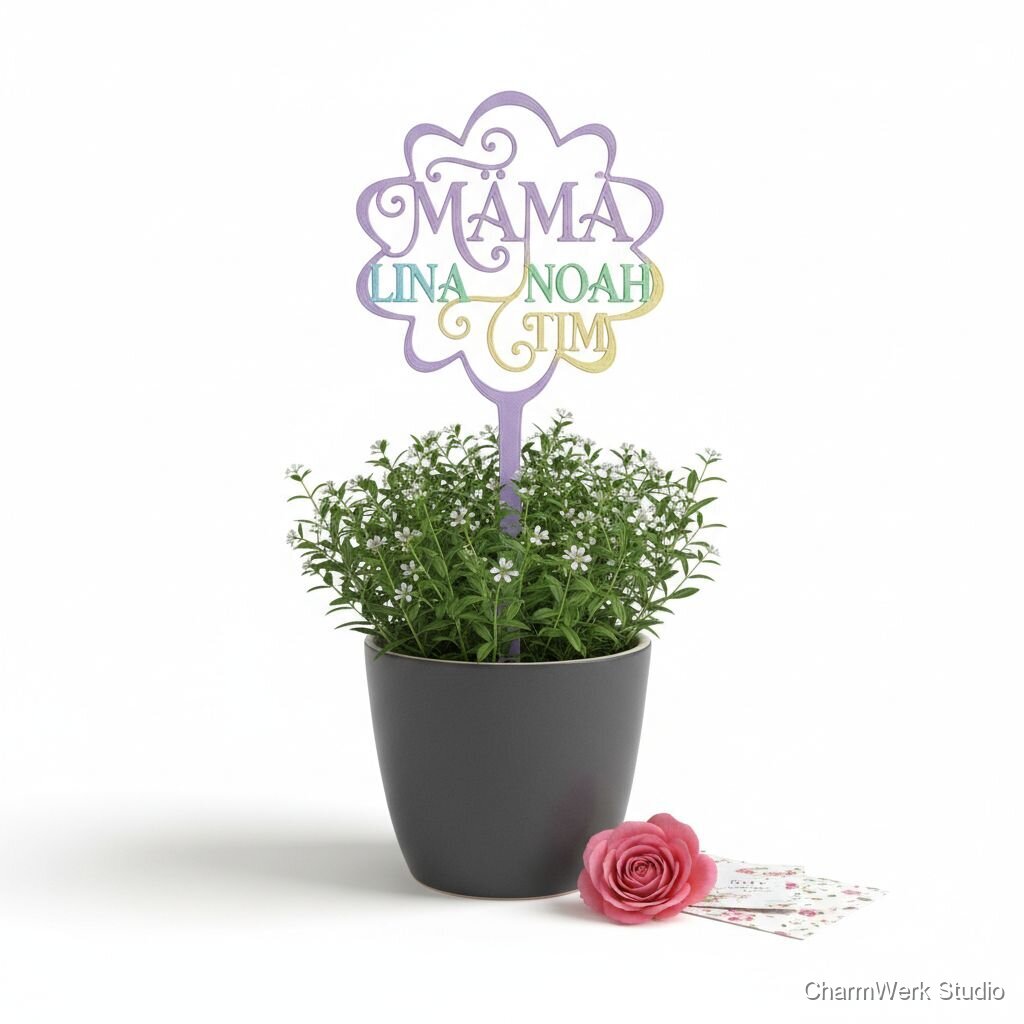 3D-gedruckter Blumenstecker „Mama“ mit Namen der Kinder