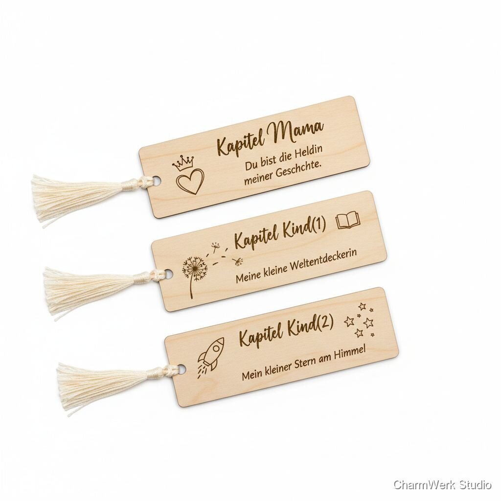 Lasergraviertes Lesezeichen-Set „Kapitel Mama“ aus Holz