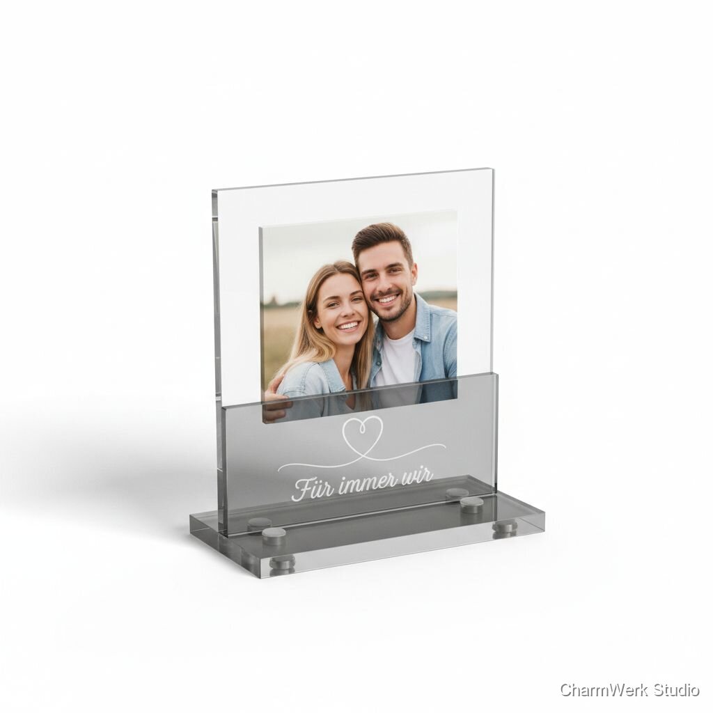 Acryl-Fotohalter „Herzlinie“ mit gravierter Botschaft
