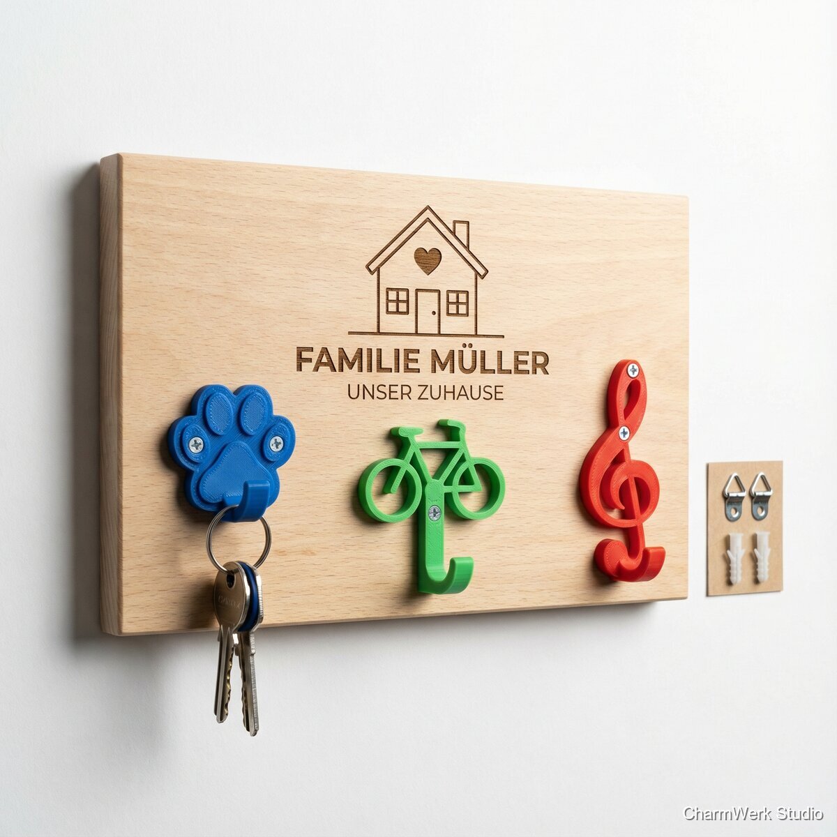 Schlüsselbrett mit 3D-gedruckten Wunschhaken