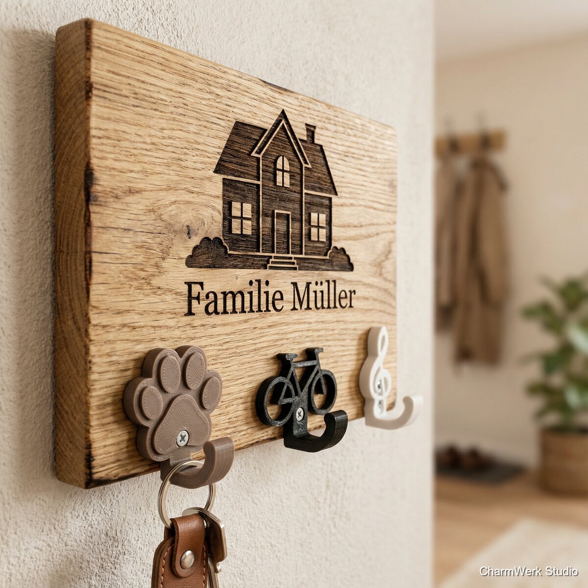 Schlüsselbrett mit 3D-gedruckten Wunschhaken - Detailansicht