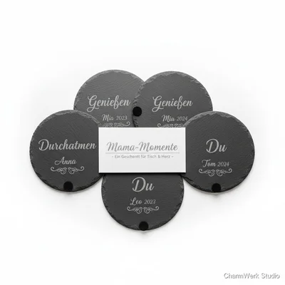 Lasergravierte Schiefer-Untersetzer „Mama-Momente“ (4er-Set)