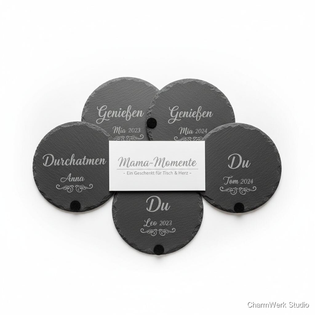 Lasergravierte Schiefer-Untersetzer „Mama-Momente“ (4er-Set)
