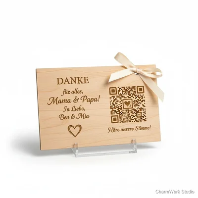 Lasergravierte Dankeskarte aus Holz mit QR-Sprachnachricht