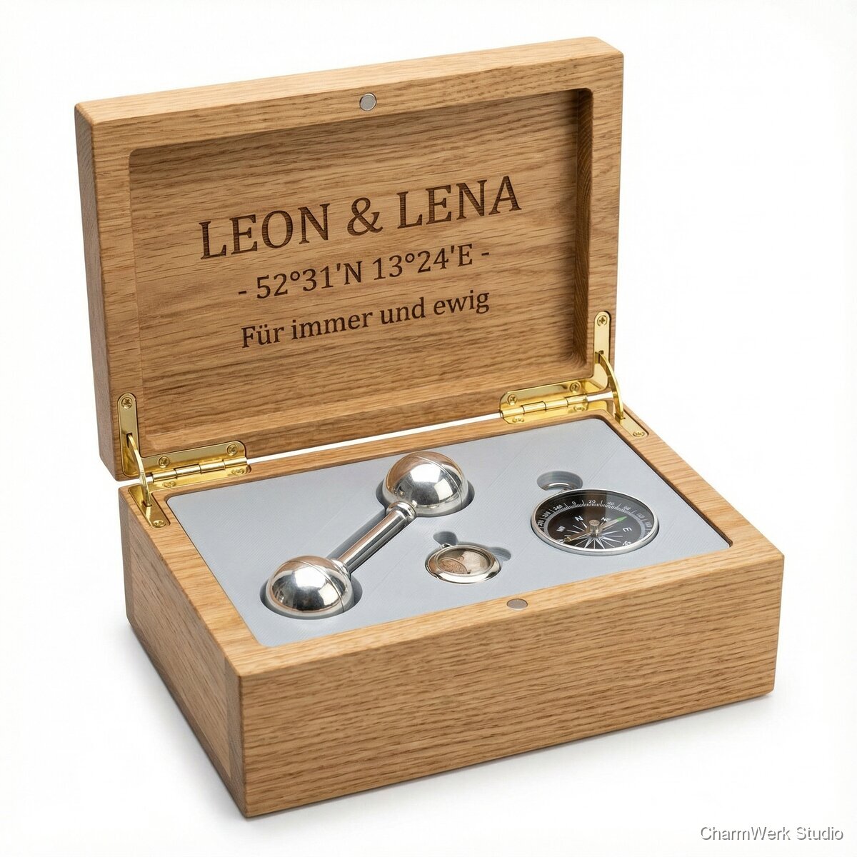 Erinnerungsbox mit graviertem Deckel und Inlay - Seitenansicht