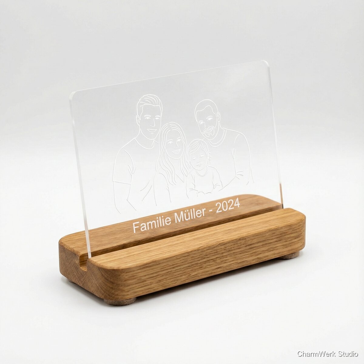 Fotoständer aus Holz mit Acryl-Fotooverlay - Seitenansicht