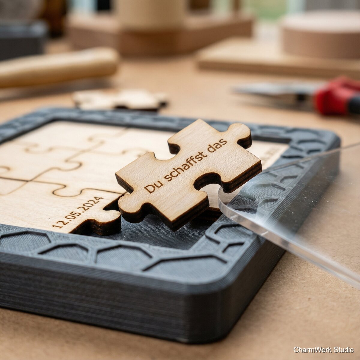 Puzzle-Message: Holzpuzzle im 3D-Rahmen - Detailansicht