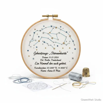 Geburtstags-„Sternenkarte“ als gesticktes Hoop-Art