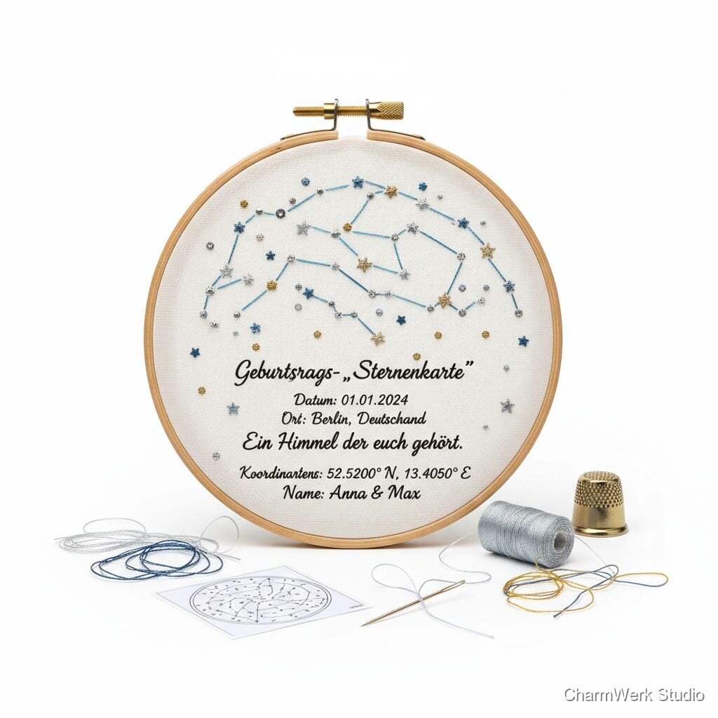 Geburtstags-„Sternenkarte“ als gesticktes Hoop-Art