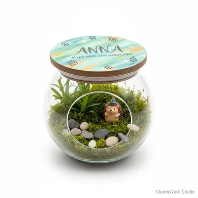 Geburtstags-„Mini-Garten“ im Glas mit handdekoriertem Deckel