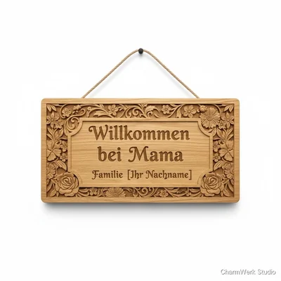 CNC-Türschild „Willkommen bei Mama“ mit Blumenrelief