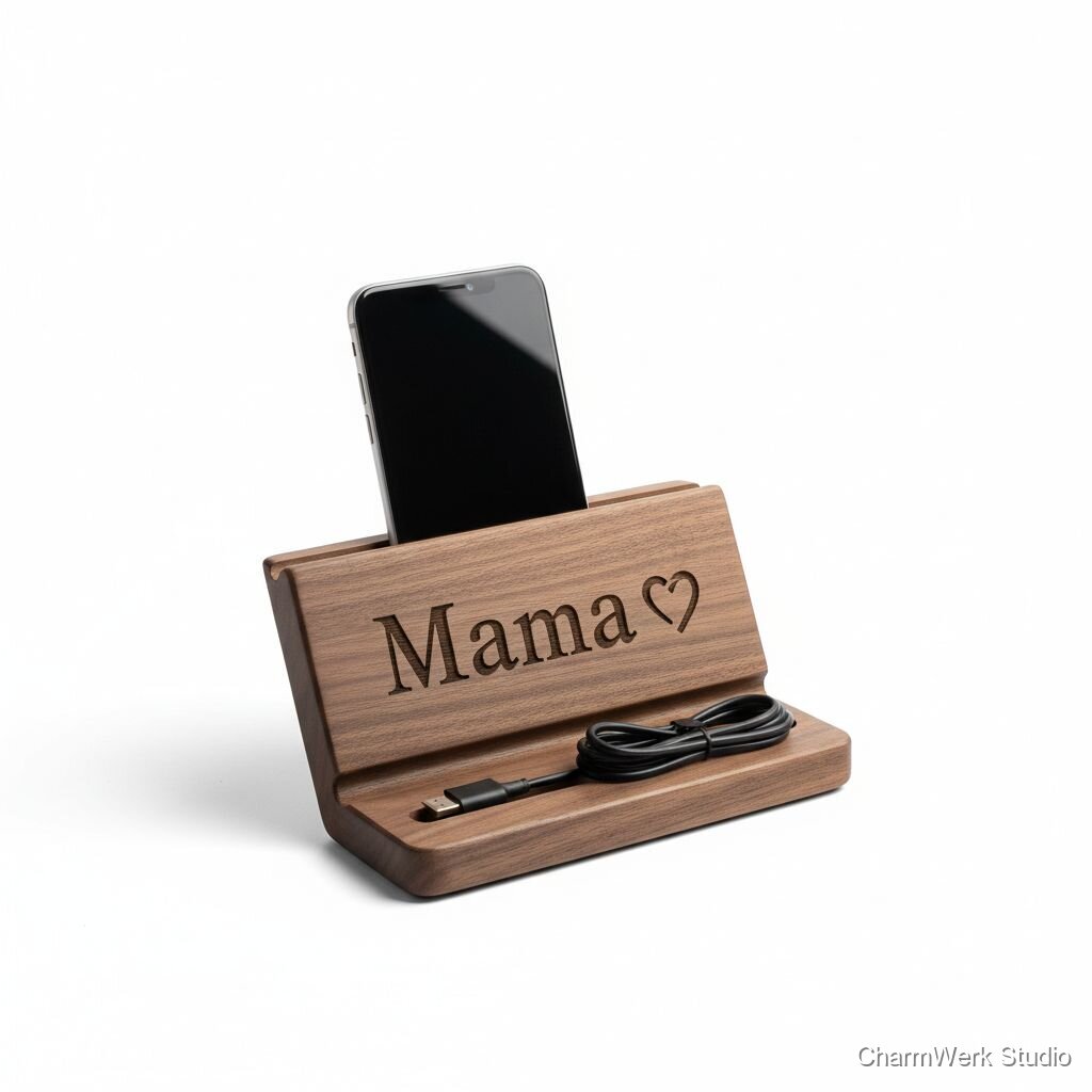 Personalisierter Handy-Dock „Mama lädt auf“ aus Holz
