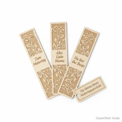 CNC-Lesezeichen-Set aus Holz mit Blumenrelief