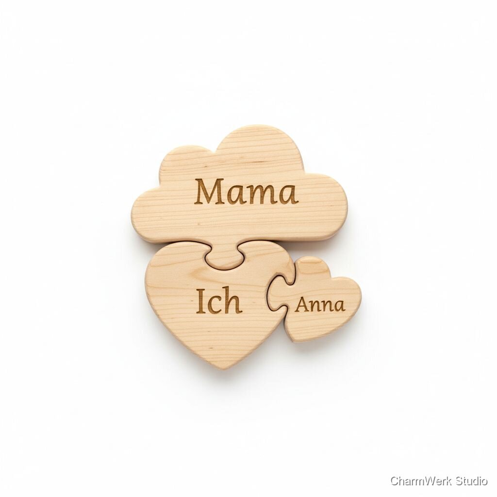 CNC-Puzzle „Mama & Ich“ aus Holz mit Namenssteinen