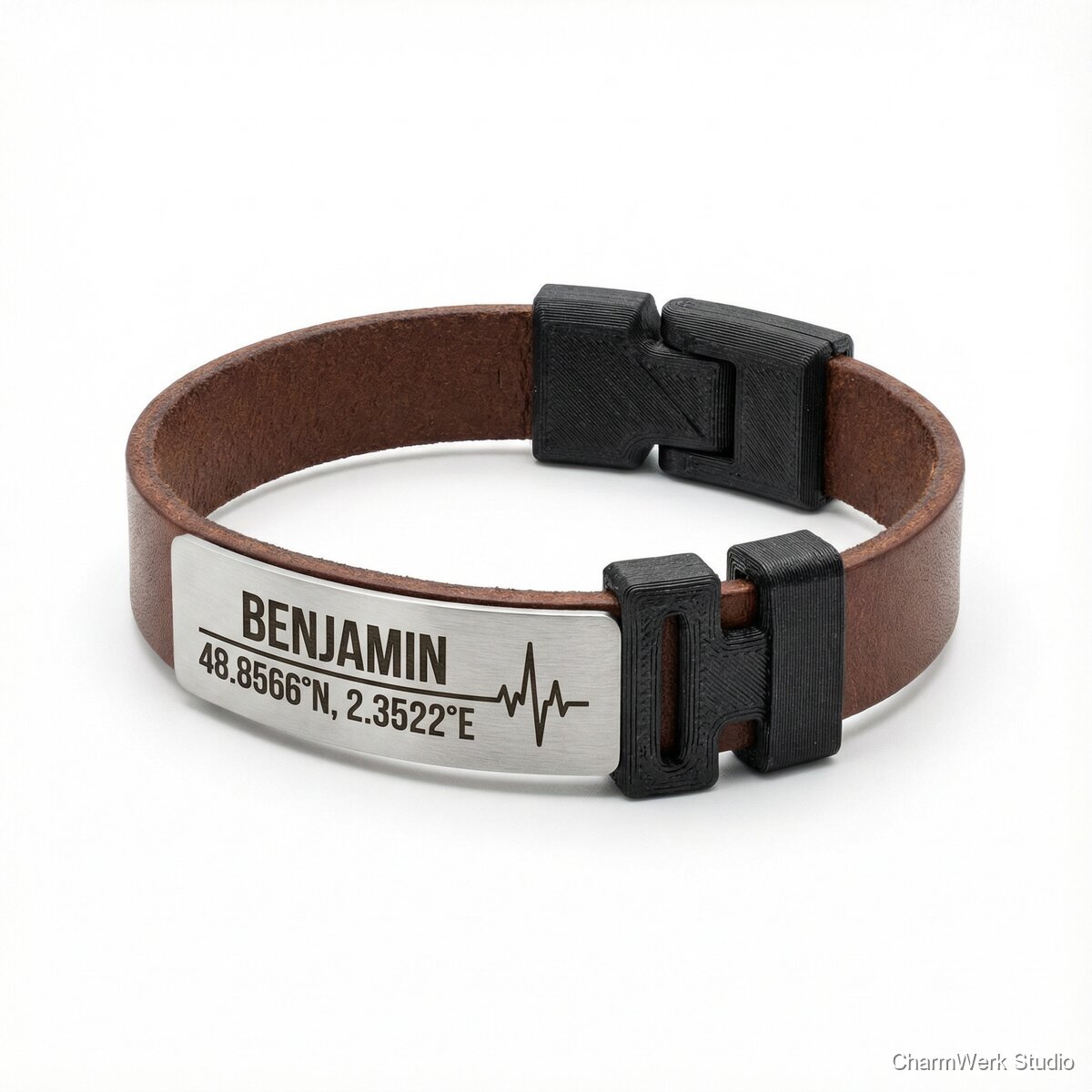 Leder-Armband mit gravierter Plakette und 3D-Clip