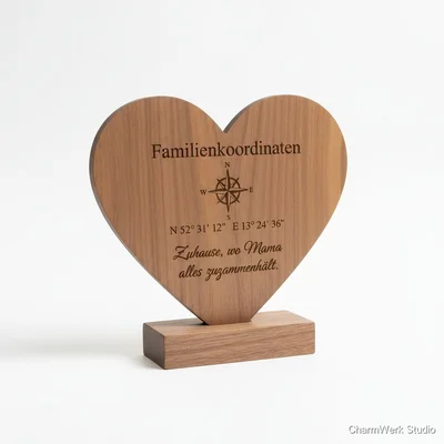 CNC-Fräsaufsteller „Familienkoordinaten“ als Herzkarte