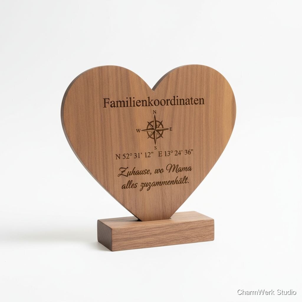 CNC-Fräsaufsteller „Familienkoordinaten“ als Herzkarte