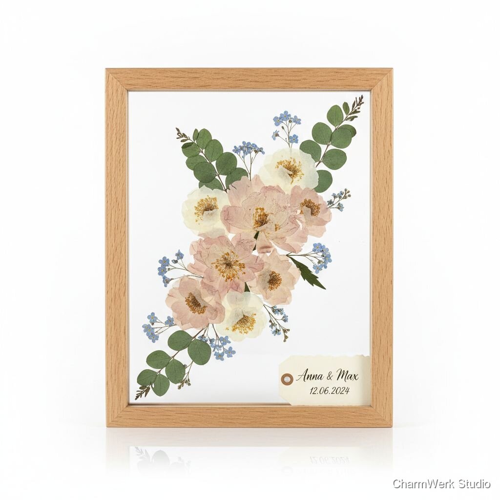 Handgefertigter Blumenpress-Rahmen mit Hochzeitsblüten