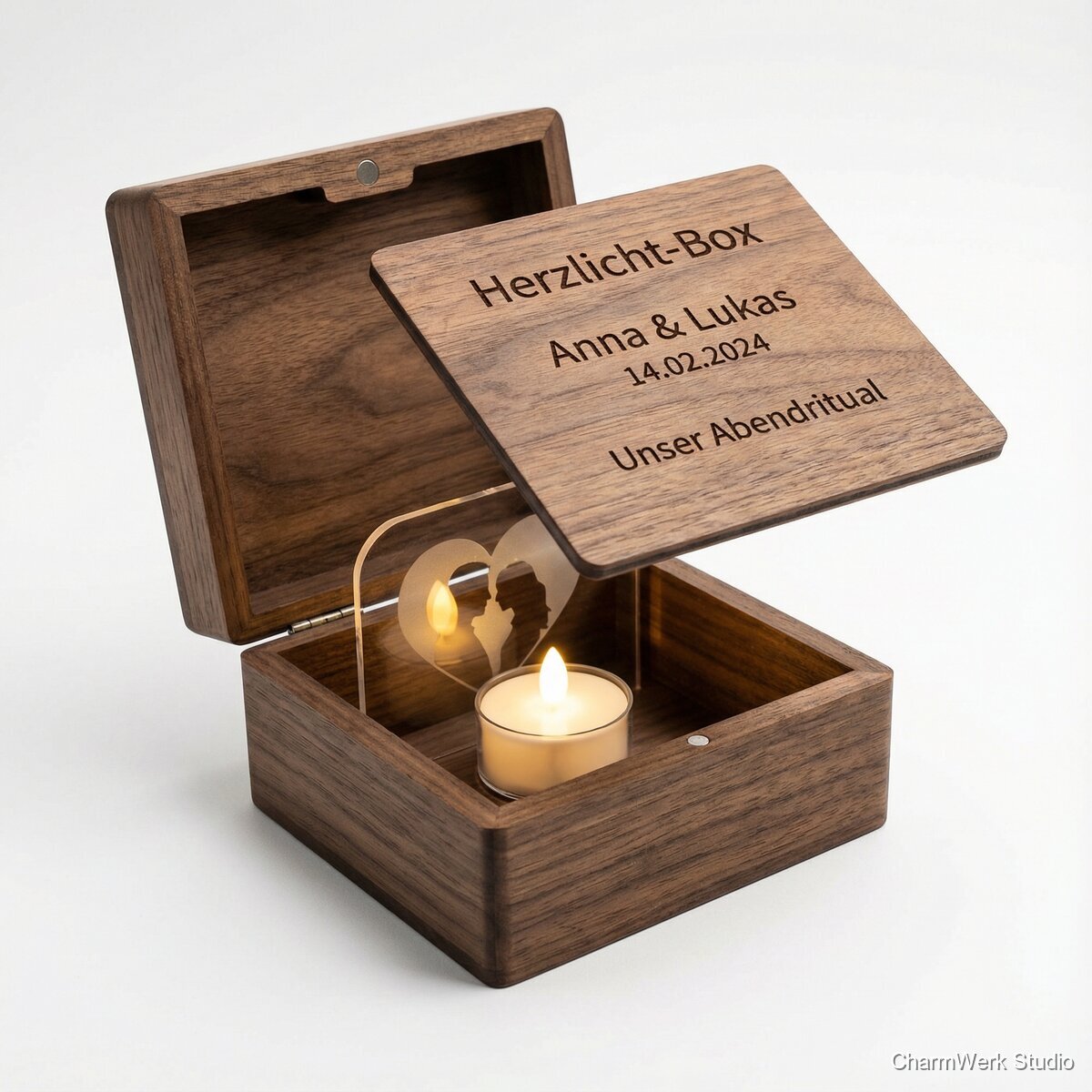 Herzlicht-Box mit Schattenbild und Namen - Seitenansicht