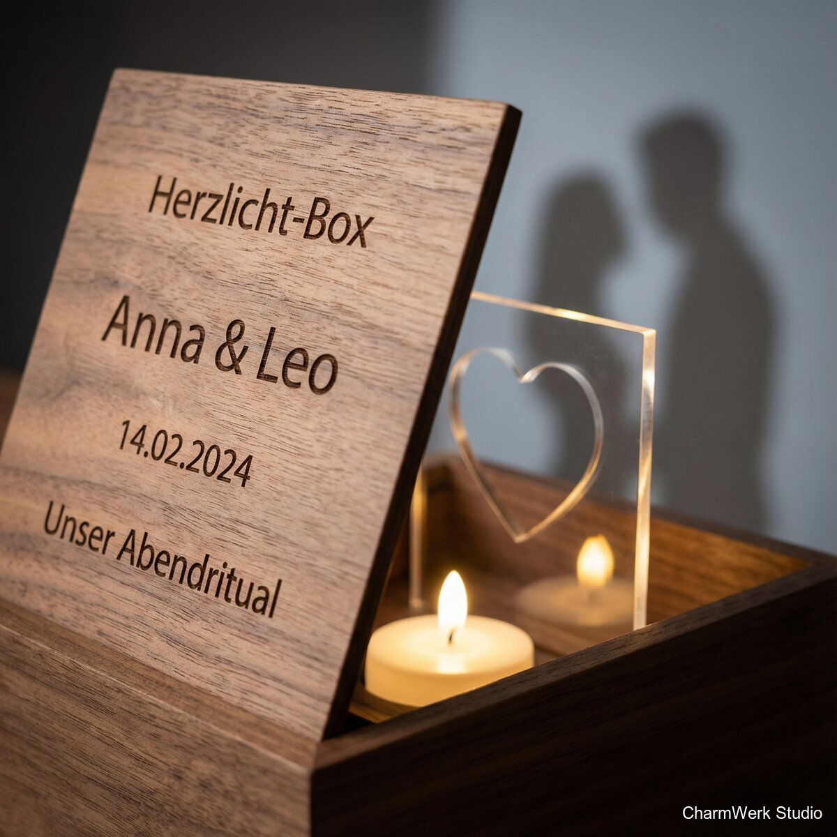 Herzlicht-Box mit Schattenbild und Namen - Detailansicht