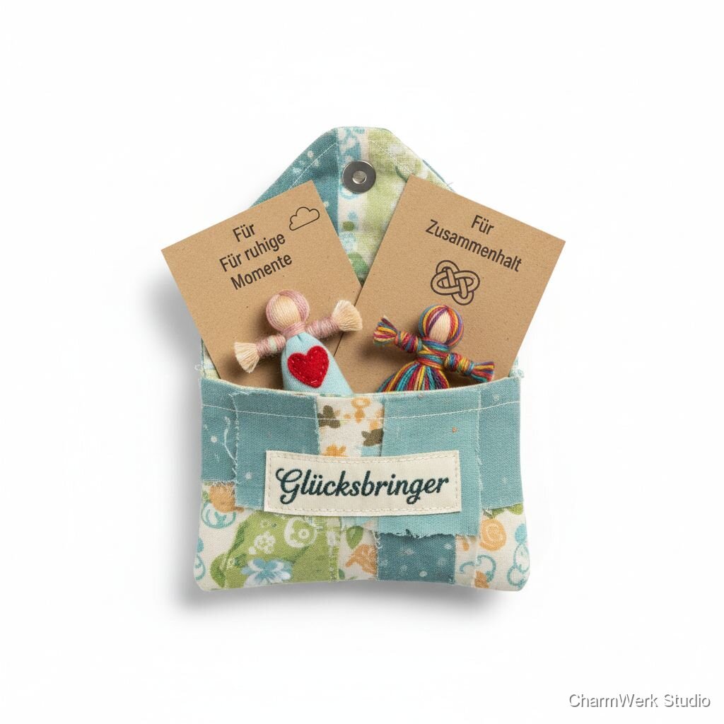 Handgefertigtes „Glücksbringer“-Set mit Sorgenpüppchen im Etui