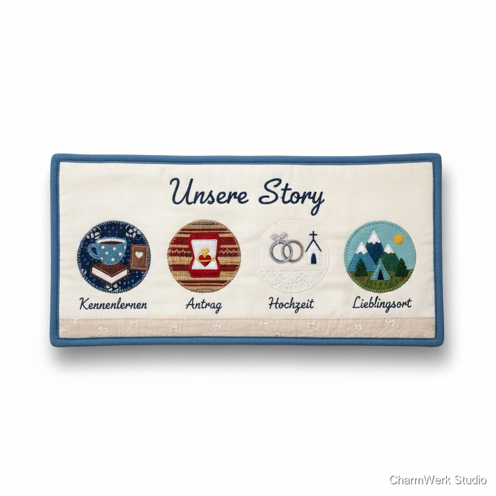 Handgemachtes Tischset „Unsere Story“ mit Stoff-Applikationen