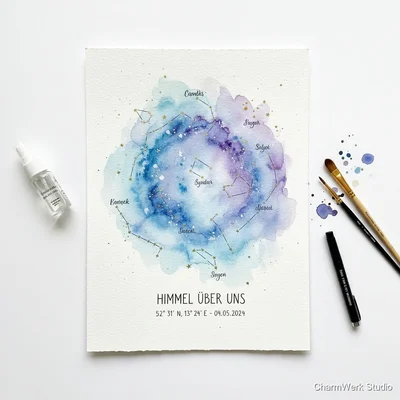 Handgemalte Sternkarte „Himmel über uns“ auf Aquarellpapier