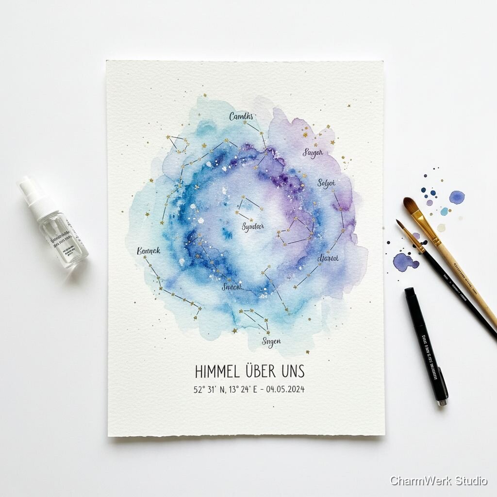 Handgemalte Sternkarte „Himmel über uns“ auf Aquarellpapier