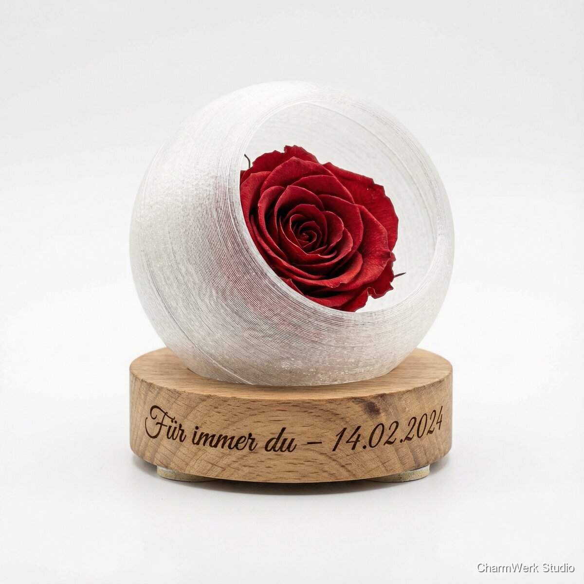 3D-gedruckte Rosenkapsel mit Gravur-Herzboden - Seitenansicht