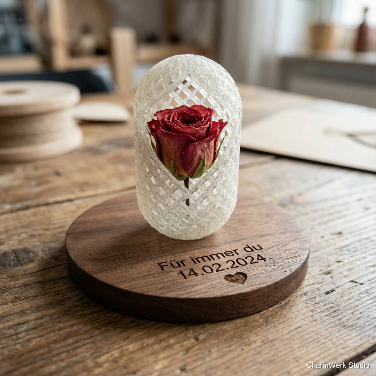 3D-gedruckte Rosenkapsel mit Gravur-Herzboden - Detailansicht